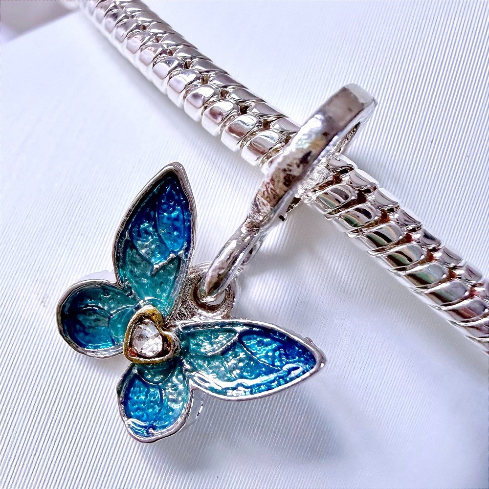 Silver Bead Charm Fits Snake Chain Bracelet Blue Butterfly Enamel Heart Dangle‎